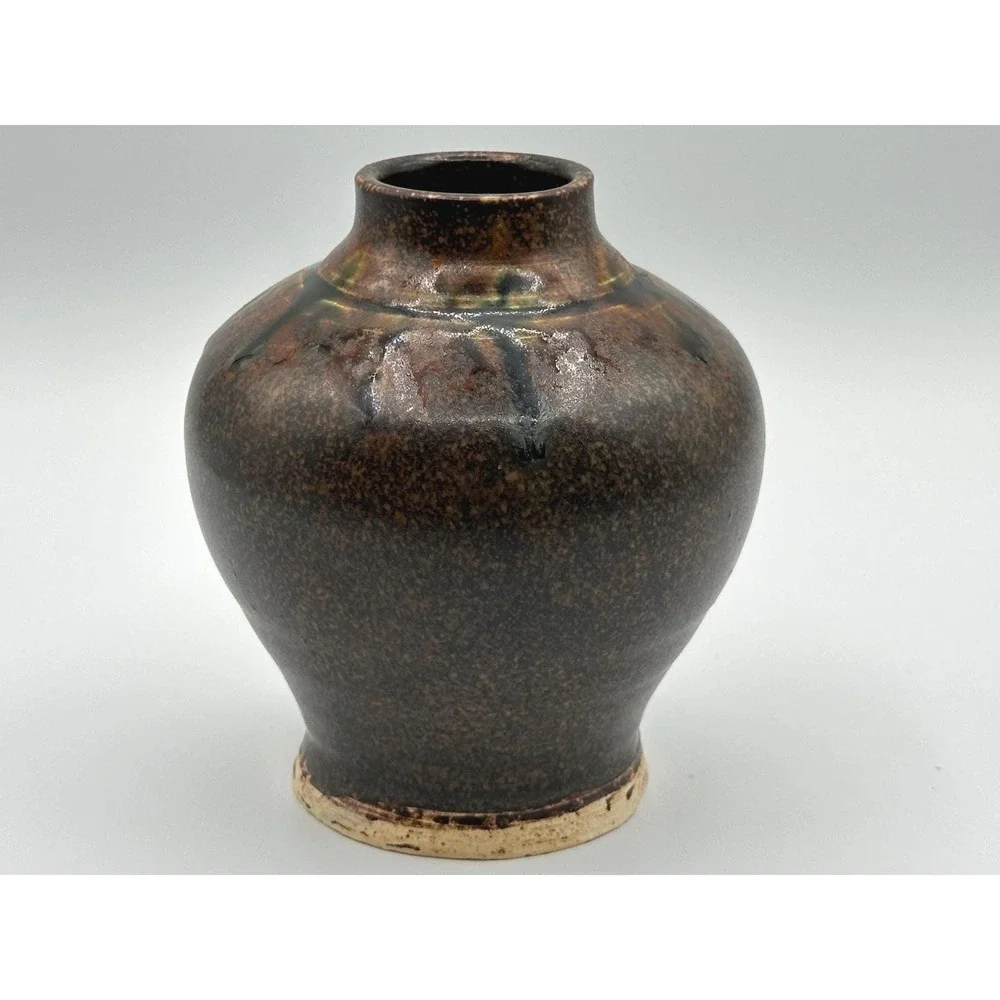 Artist Signed Rustic Speckled Pottery Vase Brown Green Studio Art 5.5